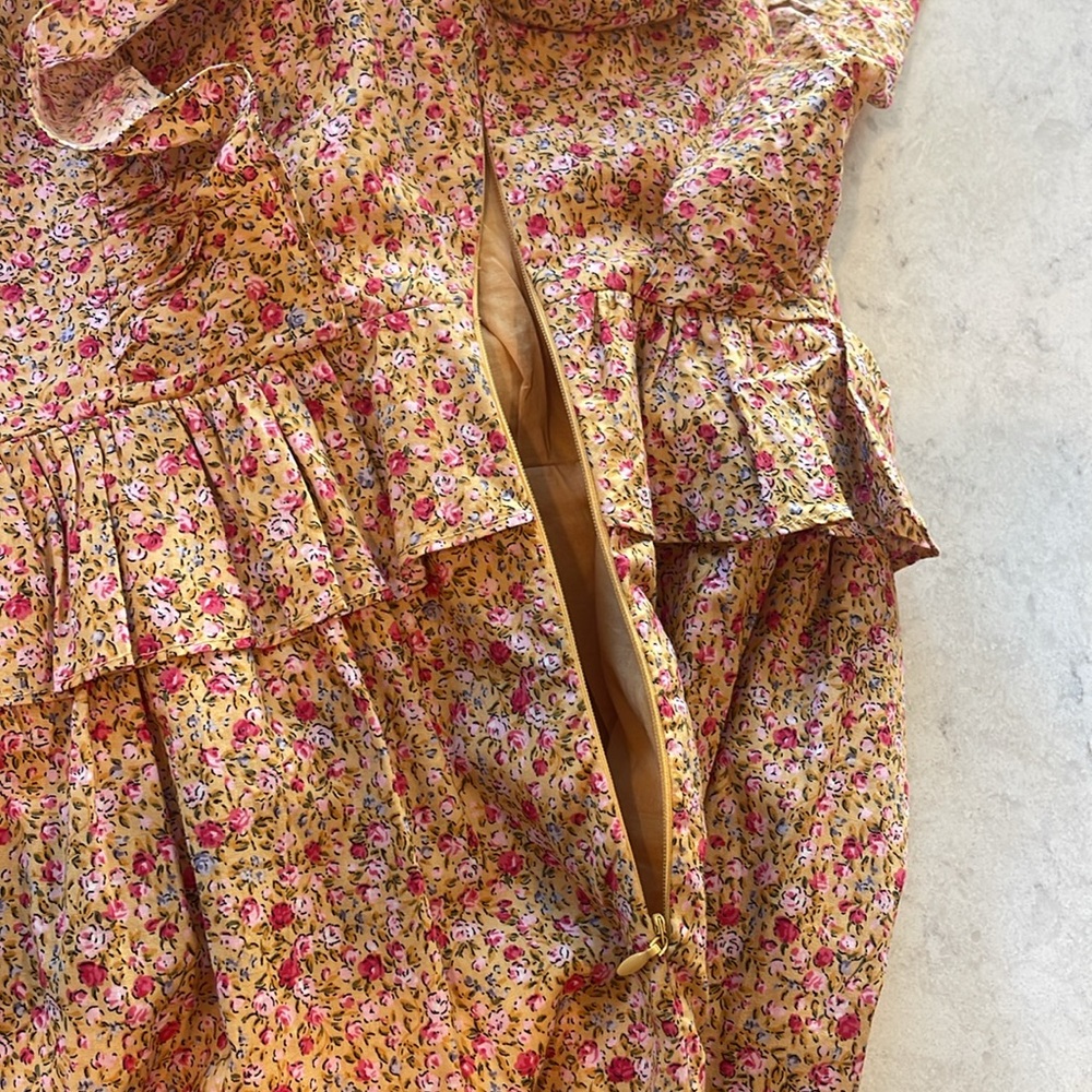 English Factory | Cotton Floral Ruffled Midi Dress, orange with pink roses, XS - Picture 6 of 11